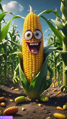 a cartoon corn cob with eyes and mouth wide open in the middle of a field