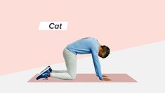 a man in blue shirt doing yoga on pink and white background with word cat above him