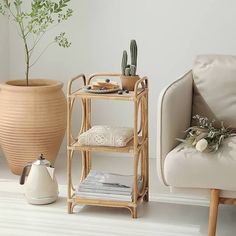 a living room with two chairs and a potted plant