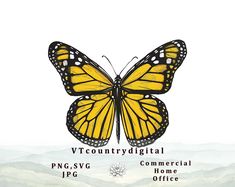 a yellow butterfly sitting on top of a green field next to trees and mountains with the words vfc country digital png, svg, commercial home office