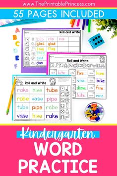 the printable word practice pack includes five different words, including roll and write with dices