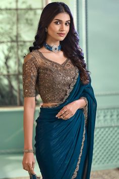 Teal Blue Saree, Blue Georgette Saree, Reception Cocktail, Bridal Lehenga Designs, Engagement Reception, Female Dress, Teal Fabric, Blue Saree