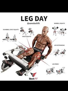 a man sitting on top of a bench in front of a gym machine with the words leg day above it