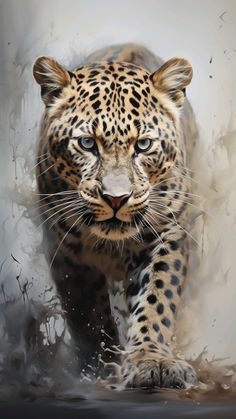 a painting of a large leopard walking through the water with it's eyes open