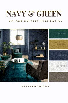 the navy and green color palette is shown in this living room