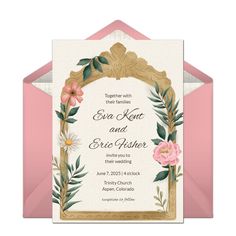 a pink and gold wedding card with flowers on the front, in an ornate frame