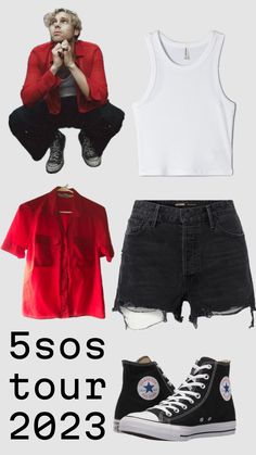 four different outfits with the words 5 sos tour 2093 written in black and white