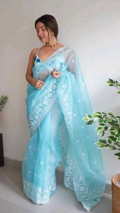 Indian Saree Wedding, Maxi Frocks, Saree Blue, South Indian Wedding Saree, Silk Thread Embroidery, Embroidery Work Saree, Organza Silk Saree, Latest Indian Saree, Paithani Saree