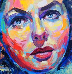 an oil painting of a woman's face with blue eyes and red lips, painted in bright colors