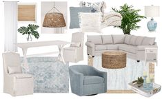 a living room filled with lots of furniture and decorating items in shades of blue