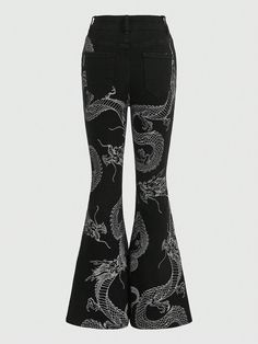 Chinese Dragon Print Flare Leg Jeans, School Black    Denim  Flare Leg High Stretch  Women Clothing, size features are:Bust: ,Length: ,Sleeve Length: Chinese Dragon Clothes, Dragon Print Clothes, Goth Trousers, Gothic Oc, Dragon Clothes, Georgia Style, Dragon Chino, Dragons Clothes, Alt Clothes