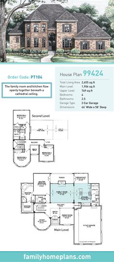 the floor plan for this home is shown in blue and white, with two story houses on