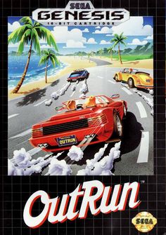 an advertisement for the game outrun, with two cars driving on a road and palm trees