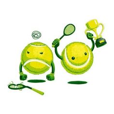 two tennis balls with arms and legs holding up trophy cups, rackets and other items