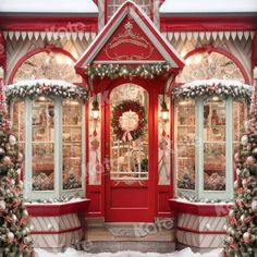 a red building with christmas decorations and wreaths on the front door is decorated in snow