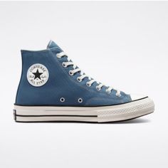 Deep Waters Converse, Blue High-top Sneakers With Rubber Heel Cap, Blue Canvas Shoes With Rubber Toe Cap, Blue Vulcanized Sole Flat Sneakers, Blue Canvas Shoes With Gum Sole And Round Toe, Retro Converse Canvas Shoes With Round Toe, Converse Colors, Converse Chuck 70 High Top