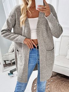 Women's Solid Color Drop Shoulder Long Sleeve Casual Cardigan, Autumn/Winter Apricot Casual  Long Sleeve Fabric Plain  Slight Stretch  Women Clothing, size features are:Bust: ,Length: ,Sleeve Length: