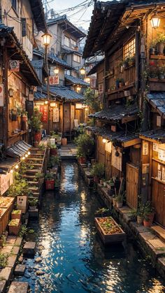 a river runs through the middle of an alleyway with wooden buildings and lights on either side