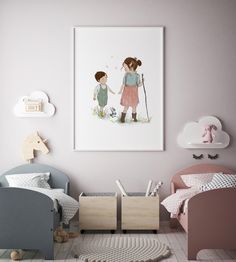 a child's bedroom with pink walls and white flooring