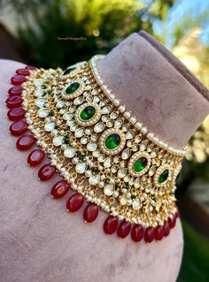 Statement Kundan/green Stones/red Maroon Beads/moti/pearls - Etsy Jeweled Kundan Necklace, Jeweled Round Kundan Bridal Necklace, Red Kundan Necklace With Stone Work, Red Jeweled Kundan Necklace For Wedding, Red Kundan Jhumkas Hand Set, Kundan Bridal Necklace, Red Round Kundan Necklace, Red Kundan Necklace, Dessert Gifts