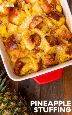 pineapple stuffing in a red casserole dish