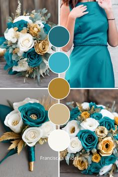 the bride's bouquet is made up of blue and white flowers, greenery, and gold accents