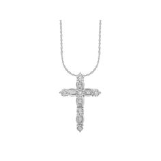 You'll sparkle with this 10kt white gold 1/4 carat diamond cross pendant necklace.Click on this JEWELRY & WATCHES GUIDE to learn about fit, styles, materials and more! Pendant size: 23.82 mm x 16.82 mm Chain length: 18 in. Chain type: rope Clasp: spring ring Metal: 10k white gold Plating: rhodium Finish: polished Packaging: boxedDIAMOND DETAILS Total weight: 1/4 ct. Color grade: H,I Clarity: 12,13 Shape: baguette cut, round Setting: channel, nick Diamond weights are approximate. Diamond Total We Formal White Gold Crucifix Diamond Necklace, Classic Diamond White Diamond Cross Necklace, Classic Diamond Cross Necklace In Diamond White, Classic Diamond Cut Cross Necklace In White Gold, Classic Diamond Cross Necklace For Formal Occasions, White Gold Diamond Crucifix Necklace, Diamond Cut Cross Necklace In Diamond White, Diamond Crucifix Necklace With Accents, Classic White Gold Cross Necklace For Anniversary