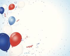 red, white and blue balloons floating in the air with confetti around them