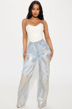 Gold Rush Metallic Stretch Baggy Jeans - Gold | Fashion Nova, Jeans | Fashion Nova Metallic Jeans Outfit, Glam Closet, Yodit Yemane, Wide Leg Jeans Outfit, Baggy Jeans Outfit, Metallic Jeans, Denim And Diamonds, Party Fits, Jeans Outfit Casual