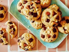 chocolate chip cookies are on a blue plate