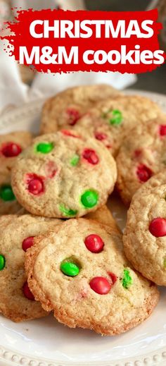 christmas m & m cookies on a white plate