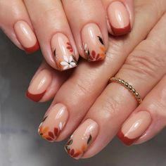 HNAPA Fall Press on Nails Short Square Fake Nails Glossy Glue on Nails Brown French Tip Acrylic Nails Squoval Artificial Nails Autumn Flower Stick on False Nails with Design 24 pcs - Walmart.com Thanksgiving French Nails, Nails Autumn, Nail Art For Beginners, Cute Nails For Fall, Nagel Tips, Leaf Designs, French Tip Acrylic Nails, Short Nails Art, Autumn Thanksgiving