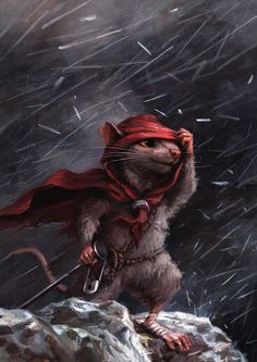 a painting of a mouse with a red cape on it's head holding an umbrella