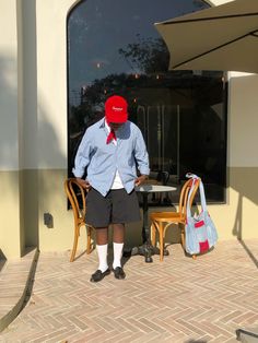 An outfit i wore for a coffee date Loafers, shorts, white socks, and a smart shirt, bandana, red cap, summer outfit inspo #streetstyle #loafers #summerstyle #tylerthecreatoraesthatic #cafe Mens Loafers Outfit Summer, Bandana Styling Men, Coffee Date Outfit Men, Cap Summer Outfit, Bandana Outfit Men, Red Cap Outfit, Loafers Outfit Summer, Outfit Bandana, Boyfriend Fits