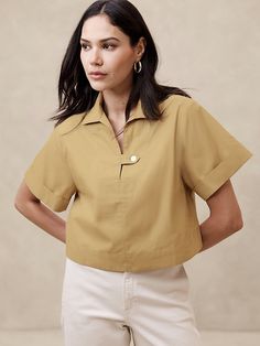 Poplin Top | Banana Republic Factory Split Neck Placket Top For Work, Split Neck Workwear Top With Placket, Versatile Tops With Placket, Versatile Short Sleeve Workwear Tops, Versatile Short Sleeve Tops For Work, Wide Sleeve Top, Poplin Skirt, Poplin Top, Top Banana