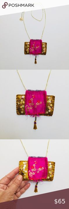 Handmade one of a kind up-cycled fabric necklace. Fabric collage of pink kimono silk and gold satin. Hand stitched and embroidered with sequins. Backside signed. One of a kind wearable art. Pachawra Jewelry Necklaces Necklace Fabric, Pink Kimono, Fabric Collage, Fabric Necklace, Gold Satin, Louis Vuitton Twist Bag, Hand Stitched, Wearable Art, Hand Stitching