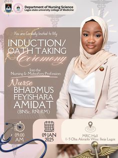 the flyer for an induction / oath - taking ceremony in march, with a photo of a woman holding a stethoscope