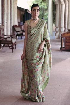 Shop for these amazing collections of Green Dupion Silk Printed Floral Round Saree With Blouse For Women by Drishti & Zahabia online at Aza Fashions. Silk Dresses Indian, Cultural Wear, Green Sari, Fancy Embroidery, Floral Print Sarees, Saree For Women, Saree Design, Desi Style