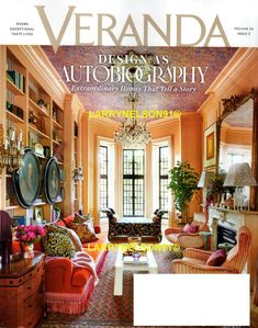 the front cover of veranda magazine featuring an orange living room with colorful furniture and chandelier