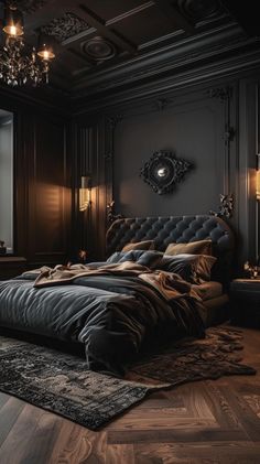 a large bed sitting in the middle of a bedroom next to a window with chandelier