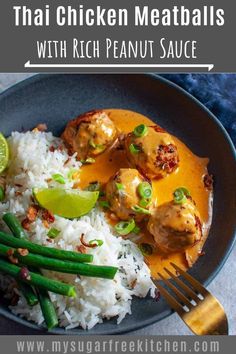 thai chicken meatballs with rice and green beans on a plate