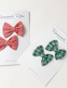 Introducing the Petite Baby Bows, a sweet new addition for your little ones this fall. Created in collaboration with Runaround Retro, this adorable hair accessory features a classic tied bow in a beautiful Rooster Check. The bows are fastened on to a 2" alligator clasp. Each bow measures 2.5" long. Comes in a set of 2. Adjustable Cute Cotton Bow, Cute Adjustable Bow For Spring, Gingham Hair Bows, Red Bow Hair Clip, Shoe Gifts, Baby Bows, Set Dress, Rooster, Hair Accessories