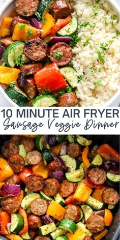 an image of sausage and veggie dinner in a bowl with rice on the side