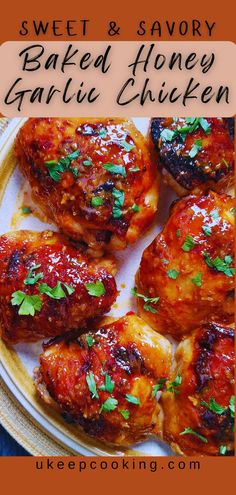 sweet and savory baked honey garlic chicken on a plate with text overlay