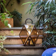 a lit candle sitting on the steps in front of some plants