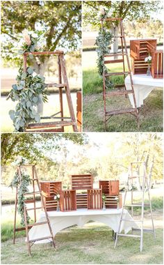 an outdoor ceremony setup with wooden chairs and greenery on the top, in front of a tree