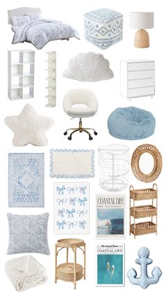 a collage of blue and white items including pillows, bedding, rugs