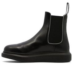 Alexander McQueen Leather Chelsea Boots 'Core Black' 682486WIB511081 Streetwear Boots With Calf Leather And Leather Sole, Black Calf Leather Boots For Streetwear, Black Calf Leather Boots With Branded Heel, Luxury Leather Boots Medium Fit, Luxury Streetwear Boots With Round Toe, Black Boots With Rubber Sole, Medium Fit, Designer Black Calf Leather Boots, Designer Boots With Contrast Sole And Round Toe, Designer Black Boots With Medium Fit