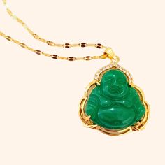 women's green jade buddha necklace Gold Jade Pendant Necklace, Gold Jade Necklace Gift, Gold Jade Gemstone Crystal Necklace, Gold Jade Crystal Necklace With Gemstone, Green Necklace With Gold Chain Gift, Green Necklaces With Gold Chain For Gifts, Gold Jade Jewelry For Good Luck, Spiritual Green Jewelry With Adjustable Chain, Green Gemstone Necklace For Good Luck