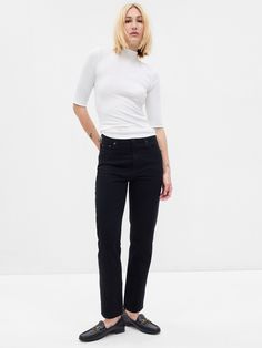 Fit: Hugs your hips, holds you in & ends with a straight leg that hits at the ankle.  Fabric: 99% Cotton, 1% Stretch.  Stretch: Low Stretch Jeans.  Feels like vintage denim with a hint of stretch.  Snug at first & holds you in, but forms to your shape. ​ Rise: High Rise Jeans.  Look: A classic five-pocket jean in a grey wash.  Raw hem.  Details: Hidden button fly & five-pocket styling.  Responsibly Made: This pair of jeans is part of our water-saving Washwell program.  Compared to conventional w Ankle Length Jeans, Fall Capsule Wardrobe, Straight Fit Jeans, High Rise Jeans, The Gap, Stretch Jeans, Vintage Denim, Straight Jeans, Fit Jeans